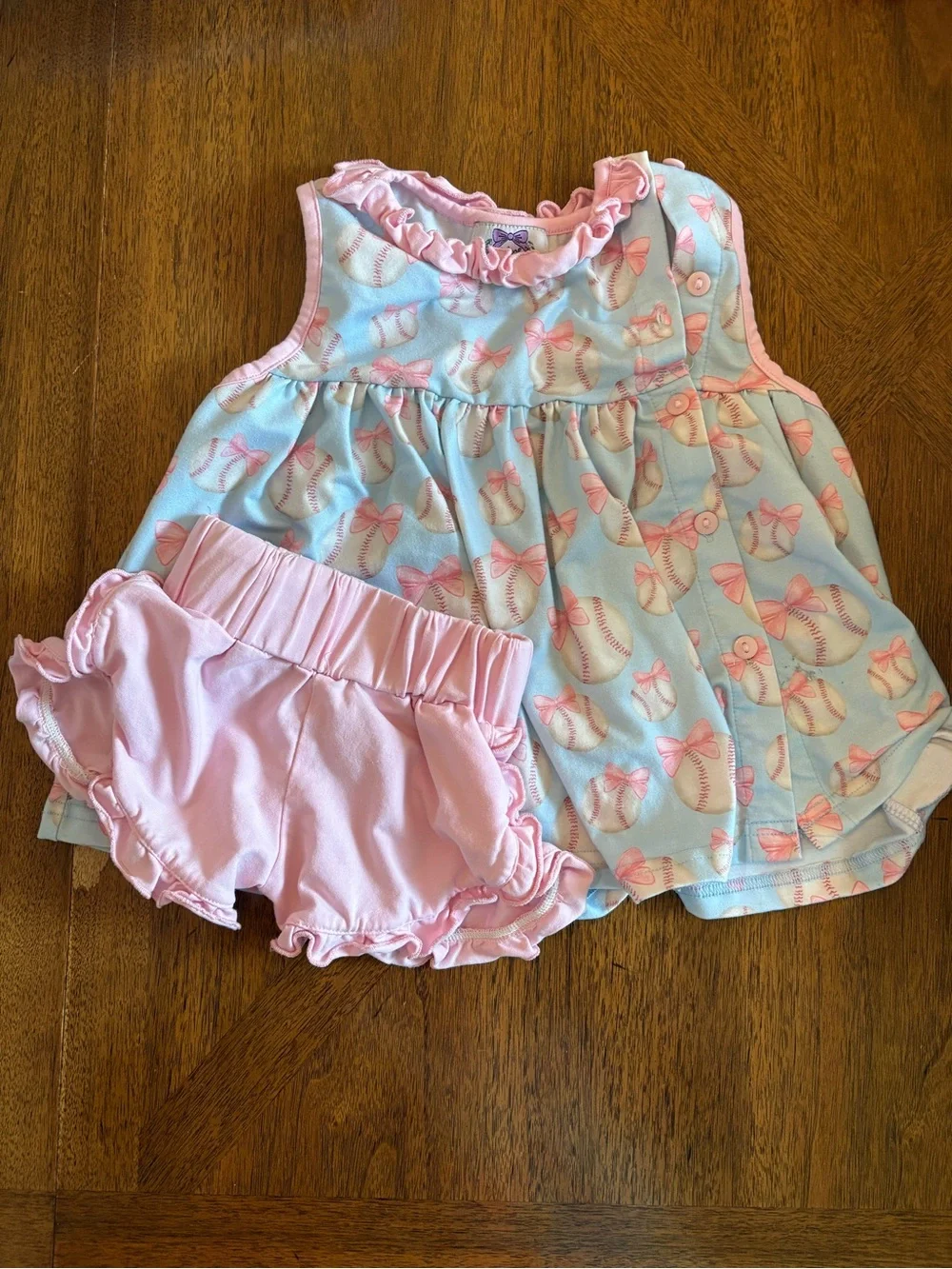 Pink Ruffle Diaper Cover & Light Blue Bow-Print Top Set